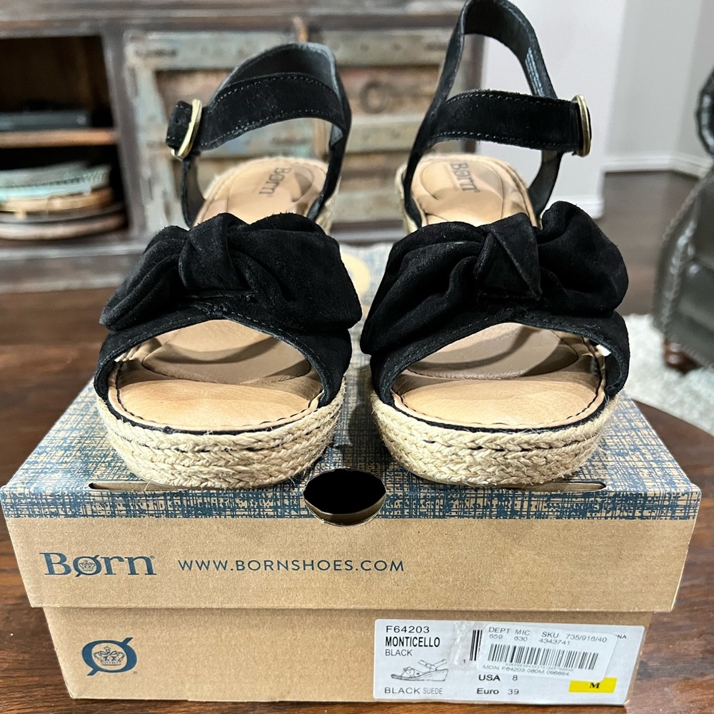 BORN Women's Monticello Wedge Sandal Size 8. Black suede worn once.
